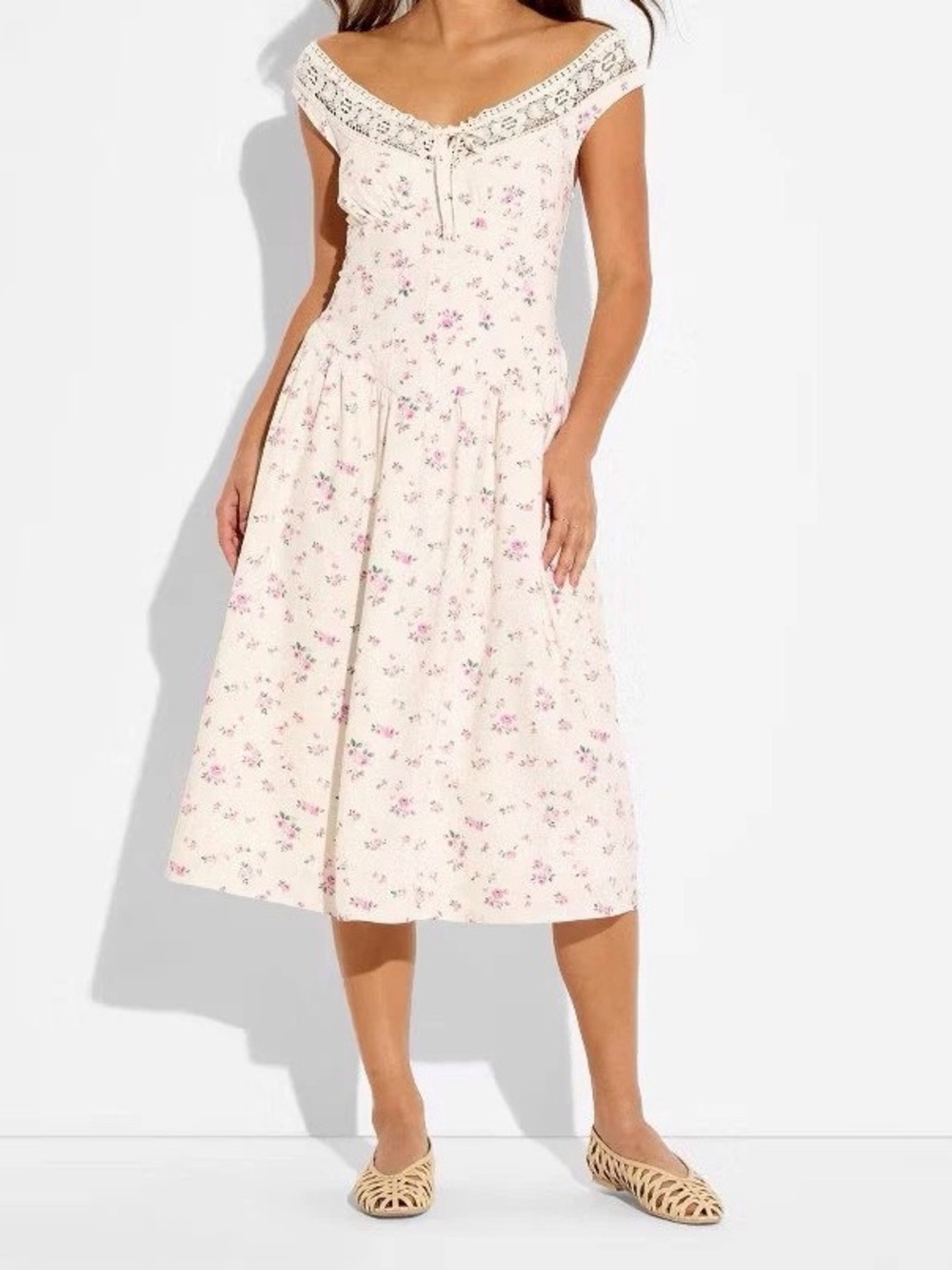 Off-Shoulder Floral Midi Dress in Cream with Pink Print